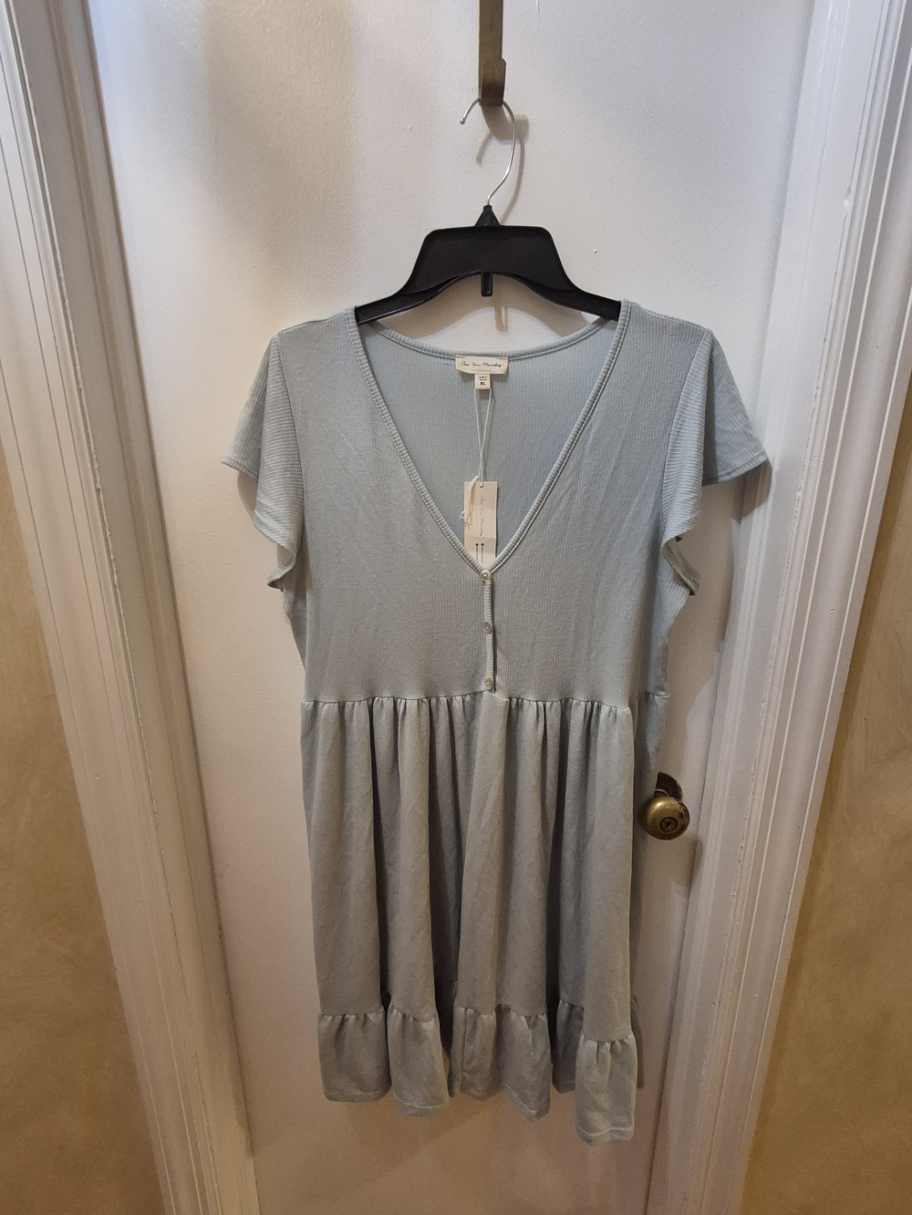 See You Monday Soft V-Neck Button Front Dress - Pale Blue